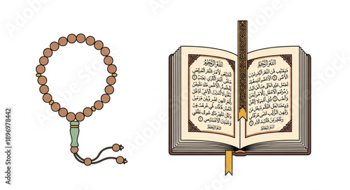 Islamic prayer beads and open Quran book illustration.