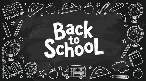Back to School Blackboard Banner with Hand Drawn Chalk Doodles and Educational Icons