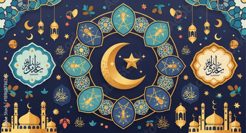 Islamic Ramadan Kareem celebration with crescent moon and lanterns.