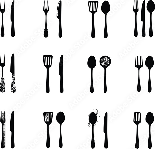 Set of cutlery and kitchen utensils icons including forks, knives, spoons, spatulas, and decorative handles for cooking and dining.