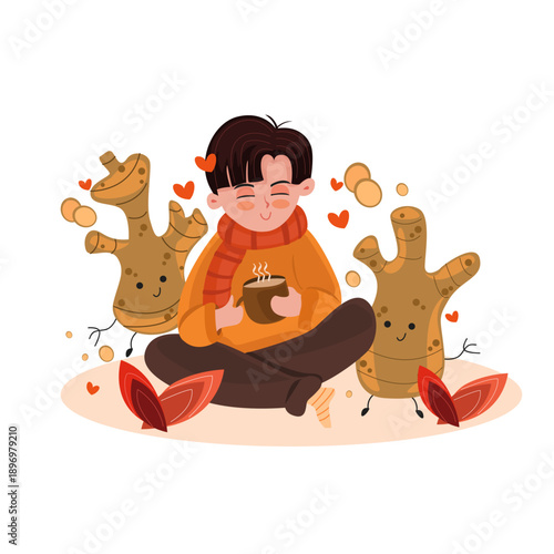 boy drink hot ginger tea healthy drink comfort