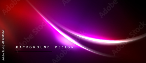 Abstract background features vibrant purple, red gradients. Bright curved line adds dynamic visual element. Minimalist design, dark areas dominate.