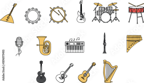 Set of cartoon musical instruments – vector illustrations of drums, guitars, keyboard, microphone, harp, tuba, flute, and more.