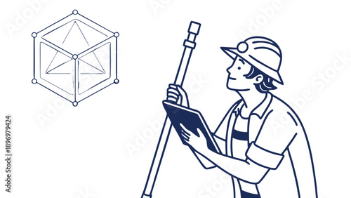 Surveyor with GPS pole and tablet, line art illustration. A line art illustration of a male surveyor wearing a helmet, holding a ranging pole and a tablet, looking up. A wireframe cube icon is in the 
