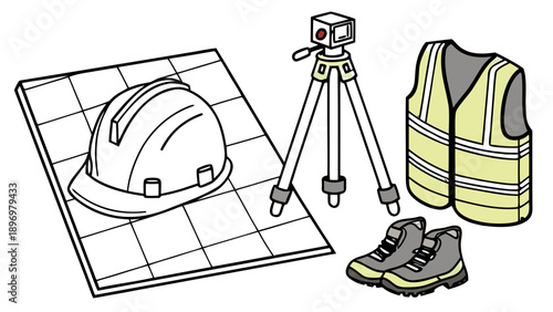 Surveying equipment set with hard hat and tripod, GNNS pole Vector art, A line art illustration showing a collection of surveying gear, including a hard hat on a grid mat, a total station on a tripod,