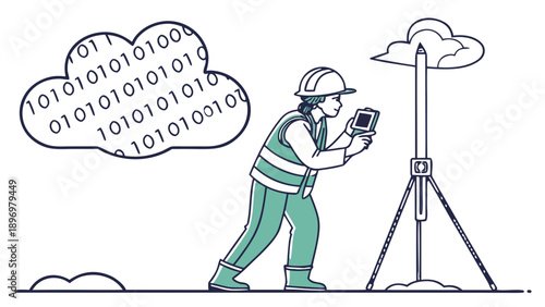 Surveyor using total station GNSS pole equipment with data cloud line art,  A line art illustration of a female land surveyor using a total station, connected to a cloud filled with binary data.