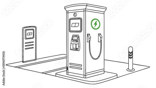 Electric vehicle charging station line art illustration with green accents,  A line art illustration depicting a modern electric vehicle charging station with a green power icon