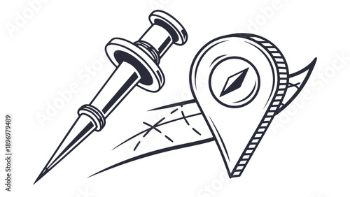 Pushpin and GPS location marker on map line art illustration,  A line art drawing juxtaposing a classic pushpin with a modern GPS map marker over a sketched path.