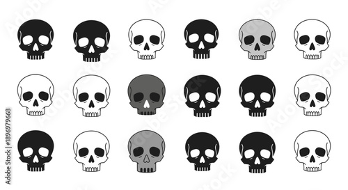 Vector skulls in various shades on white background illustration