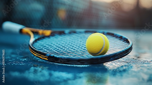 Tennis racket and ball placed on an outdoor court create a dynamic sports scene highlighting athletic performance, training, and competition. 