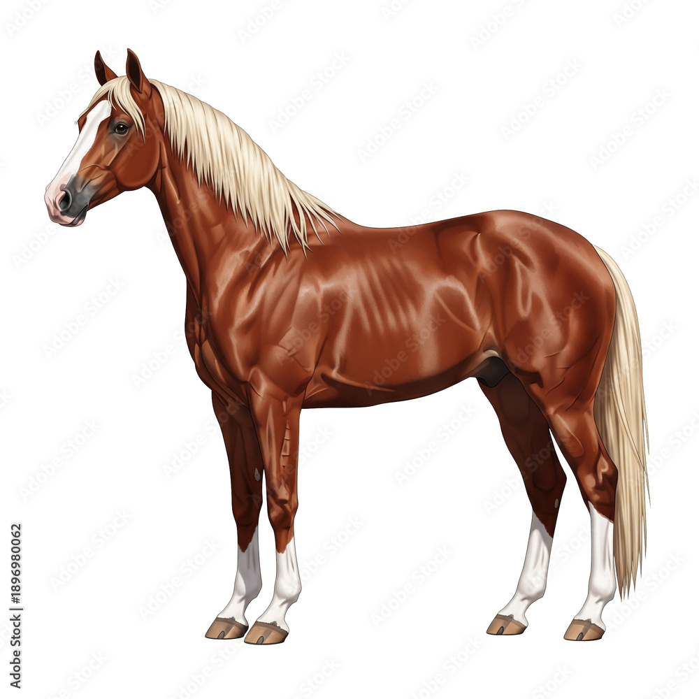 Obraz premium Realistic Chestnut Horse with White Blaze Standing in Profile on White Background
