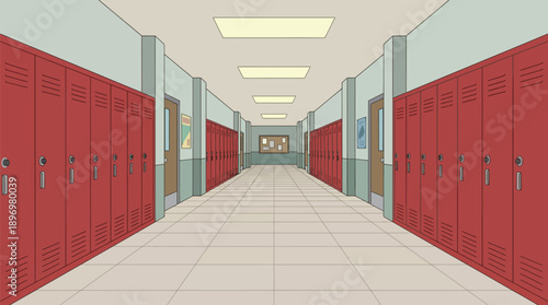 Empty school hallway with red lockers vector illustration