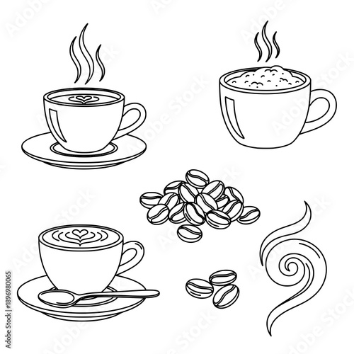 Black latte line art vector set with cups, beans, and froth on white background