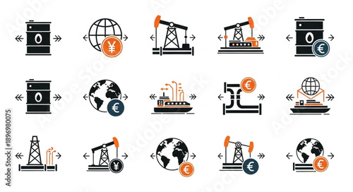 Oil industry icons representing exploration production and global trade.