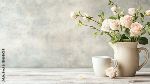 Wallpaper Mural White vase with a white cup and a bunch of pink roses Torontodigital.ca