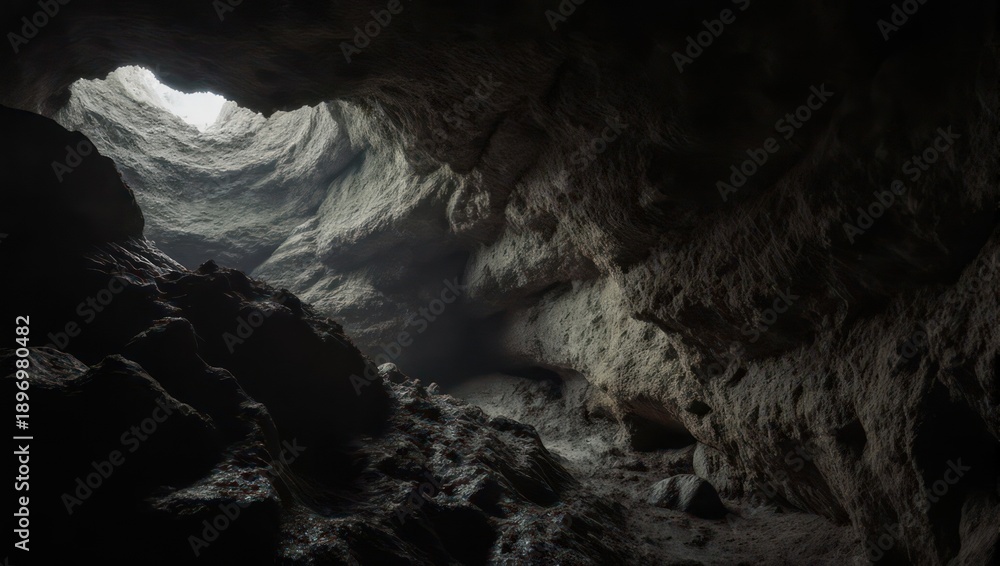Fototapeta premium Inside a rocky cave with light streaming from an opening above, creating shadows