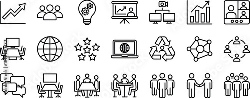 Business teamwork and collaboration line icon set, management strategy communication growth analytics symbols outline vector illustration collection corporate office design