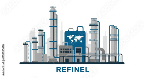 Modern Industrial Oil Refinery Plant with World Map Emblem.