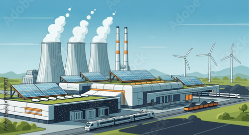 Modern industrial power plant with cooling towers and wind turbines.