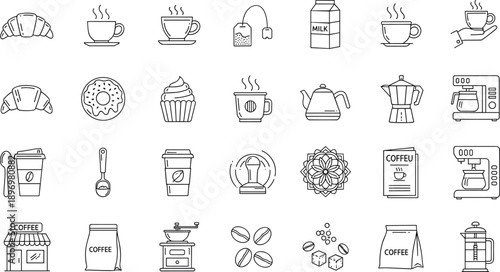 Coffee and cafe line icon set, coffee cup croissant beans maker kettle milk dessert brewing tools vector illustration