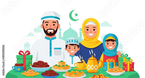 Muslim Family Celebrating Ramadan Feast Together.