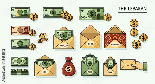 Money envelopes and coins for holiday celebration.