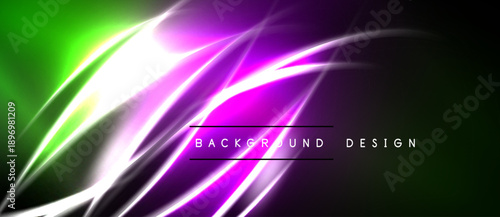 Abstract vibrant design features flowing lines, neon colors. Green, purple, white blend creating dynamic visual effect. Modern background.