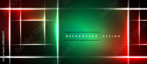 Neon lights form geometric shapes over dark background. Vibrant green dominates central area, framed by red lines. Modern design element.