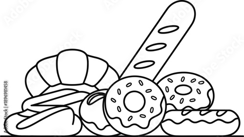 Assortment of baked goods including a baguette, croissants, and frosted donuts rests together on a surface.