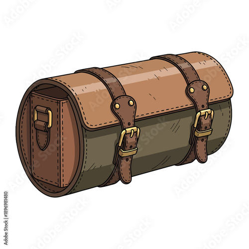 Cartoon-style illustration of a vintage leather cylindrical bag with buckles on a white background.