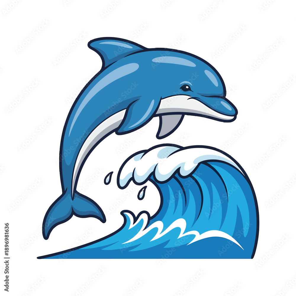 Fototapeta premium Illustration of a blue dolphin jumping out of a wave on a white background