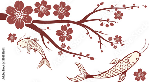 Serene koi fish swimming beneath blooming cherry blossom branch, symbolizing harmony and peace