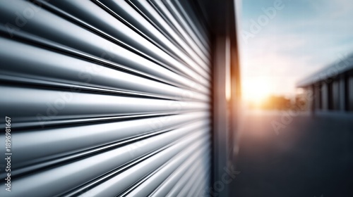 Close-up of a metallic roller shutter with a blurred background at sunset.