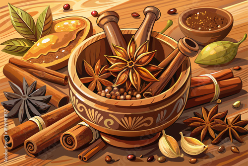 Fragrant cinnamon sticks in a rustic wooden bowl with star anise and spices arranged on a textured surface Warm natural light Still life photography Cozy cooking.
