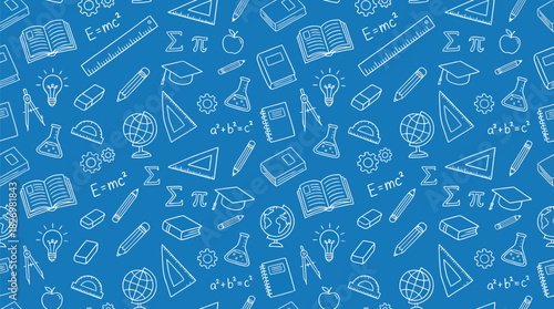Seamless pattern of education and science doodles on blue background. Back to school vector illustration with school supplies, math formulas, and lab equipment icons.