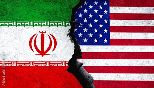 US and Iran flags split by jagged crack—symbolic of strained relations, division, and geopolitical discord.