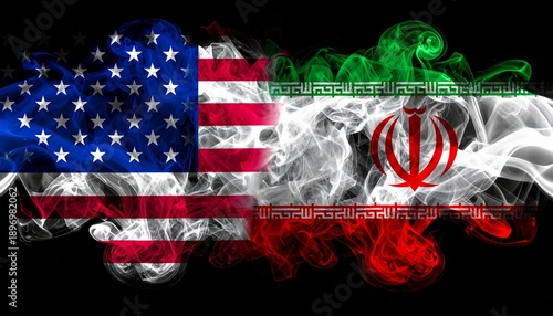 US and Iran flags formed from swirling smoke converging in center—symbolic of volatile diplomacy, tension, and negotiation.