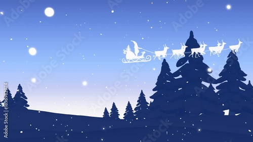 Animation of snowfall and santa riding sleigh over silhouette trees against clear sky