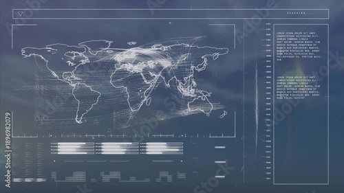 Animation of data processing with world map over moon and sun