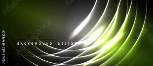 Abstract neon lines create dynamic wave pattern. Green, yellow hues dominate dark background. Modern design element.