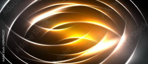 Bright golden swirls radiate from center. Dark background emphasizes luminous curves, creating dynamic visual effect. Abstract design.