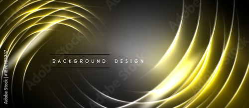 Abstract golden lines create swirling pattern. Dark background emphasizes bright curves, elegant design element.