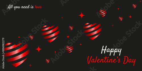 Modern Valentine's Day horizontal banner isolated black background. Vector illustration of trendy Gradient red heart stars and elegant holiday message.  EPS 10