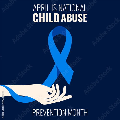 Child Abuse poster cover design. Vector illustrration of blue Ribbon wrap the hand and National Child Abuse prevention month typography.