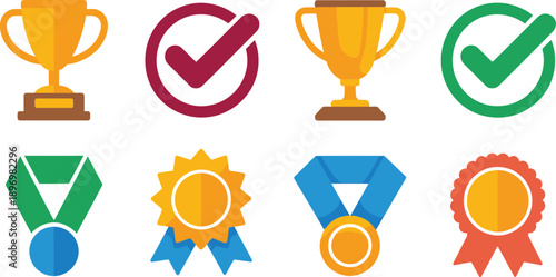 A collection of gold trophies, achievement medals, and green checkmarks symbolizes success and positive results.