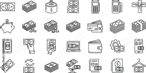 Money and finance line icon set, cash payment wallet banking savings transaction symbols outline vector illustration collection