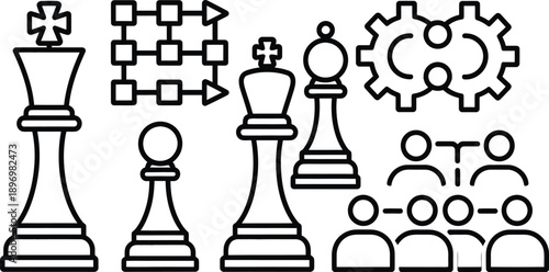 Business strategy icons feature chess pieces, flowchart diagrams, interconnected gears, and organizational hierarchy.
