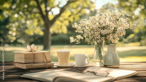 Wallpaper Mural Table with a vase of flowers, a cup of coffee, and a book Torontodigital.ca
