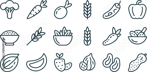 Assortment of vegetable and grain line icons depicts broccoli, carrot, pepper, rice, and wheat stalks for dietary concepts.