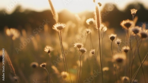 Wallpaper Mural A serene sunset over a field of wildflowers and tall grasses, with the warm sunlight casting a golden glow on the delicate flowers Torontodigital.ca
